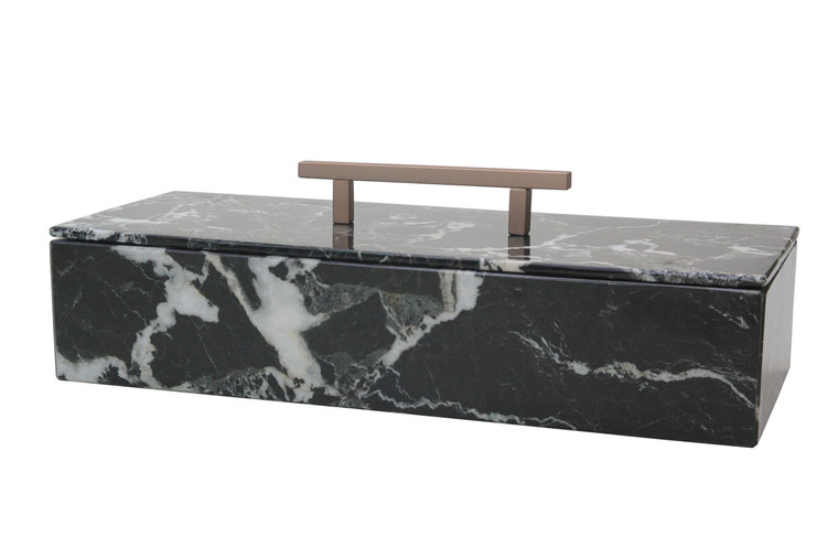 BX15-BZ 15" Long Rectangular Box With Handle, Black Zebra Marble by Marble Crafter