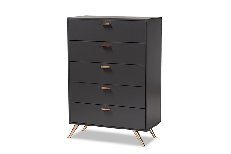 Baxton Studio Kelson Modern And Contemporary Dark Grey And Gold Finished Wood 5-Drawer Chest LV19COD1923-Dark Grey-5DW-Chest