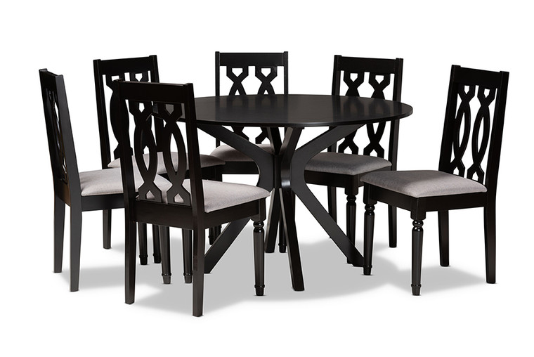 Baxton Studio Callie Modern And Contemporary Grey Fabric Upholstered And Dark Brown Finished Wood 7-Piece Dining Set Callie-Grey/Dark Brown-7PC Dining Set