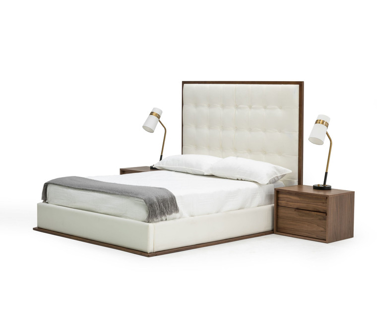 VIG Furniture VGMABR-96-WAL-BED Modrest Amberlie - White Vegan Leather & Walnut Bed