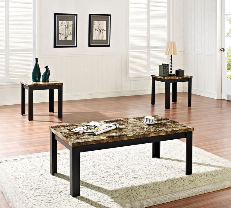 Homeroots 1" X 1" X 48" 3Pc Dark Brown Faux Marble And Black Pack Coffee And End Table Set 285355