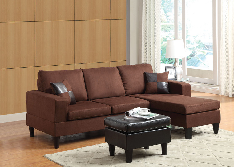 Homeroots Sectional Sofa (Reversible Chaise) With Ottoman & 2 Pillows, Chocolate Microfiber & Espresso Pu - Mfb, Pu Chocolate Mfb & Espresso Pu 285529