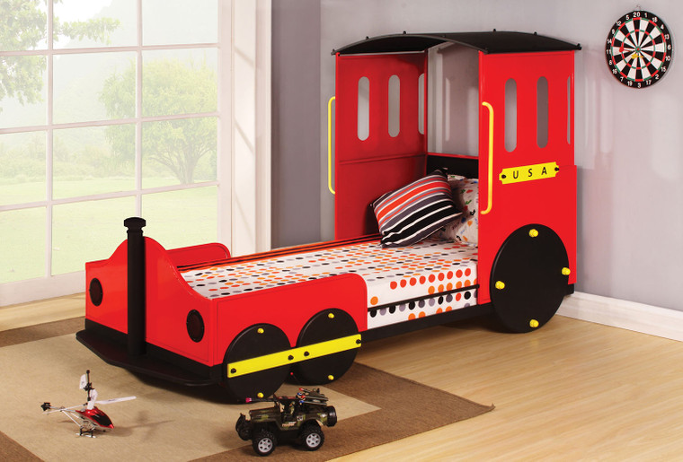 Homeroots Twin Bed, Red Train - Metal, Mdf, Pu, 25Kg Fr S Red Train 285595