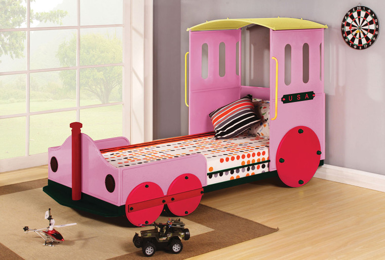 Homeroots Twin Bed, Pink Train - Metal, Mdf, Pu, 25Kg Fr S Pink Train 285596