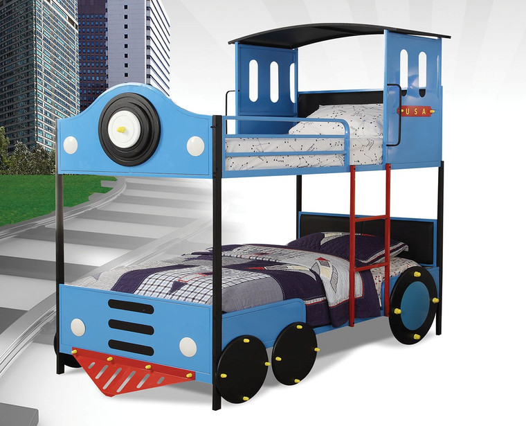 Homeroots Twin/Twin Bunk Bed, Blue & Black Train - Metal Tube (Steel), Mdf, Blue & Black Train 285619