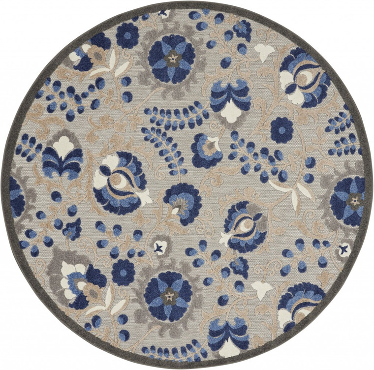 Homeroots 8 Round Natural And Blue Indoor Outdoor Area Rug 384864