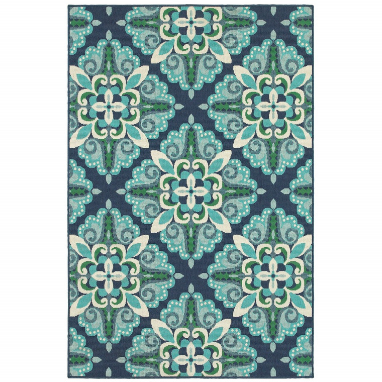 Homeroots 5X8 Blue And Green Floral Indoor Outdoor Area Rug 388668