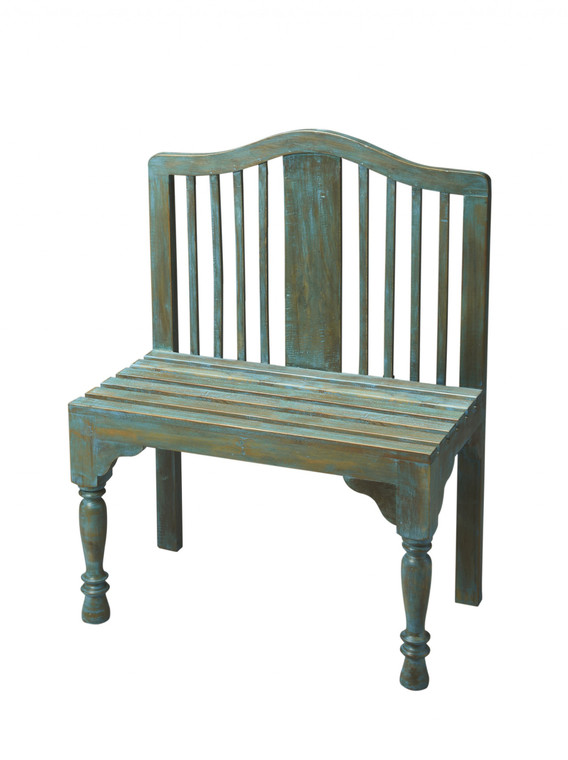 Homeroots Antiqued Blue Solid Wood Bench 389166