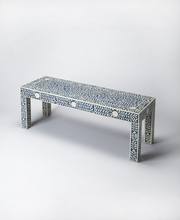 Homeroots Blue And Ivory Bone Inlay Bench 389177