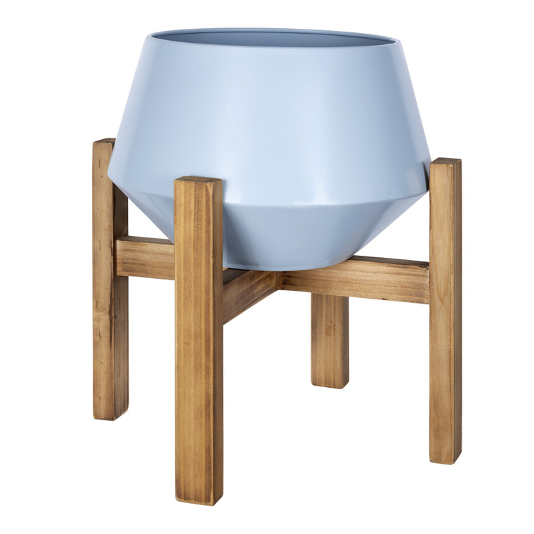 Homeroots Blue Hexagonal Planter With Wooden Base 389353