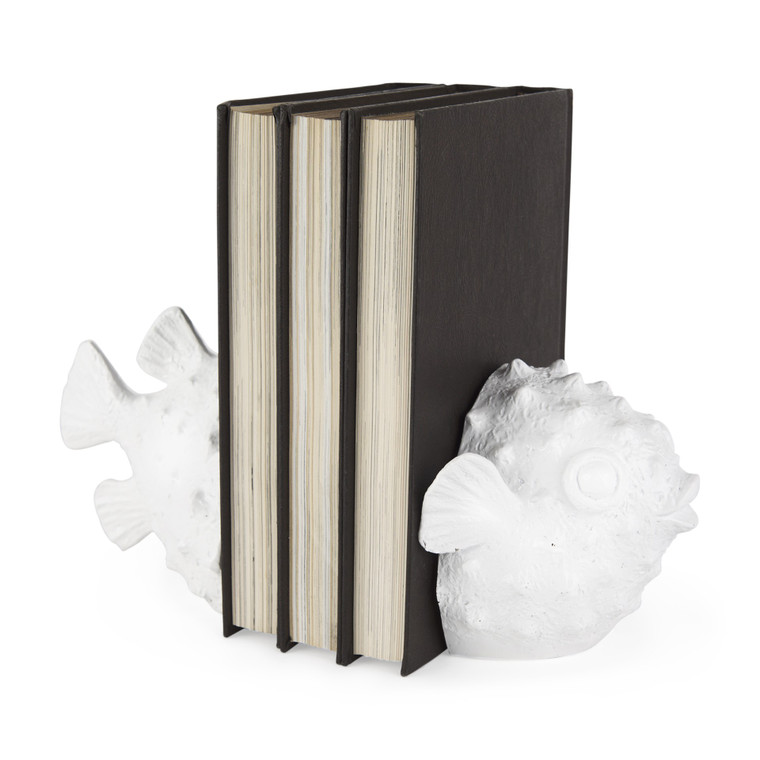 Homeroots Coastal White Puffer Fish Shaped Bookends 392129