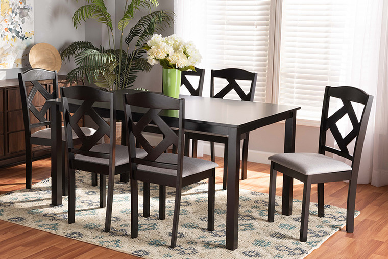 Baxton Studio Ruth Modern Transitional Grey Fabric Upholstered And Dark Brown Finished Wood 7-Piece Dining Set Ruth-Grey/Dark Brown-7PC Dining Set