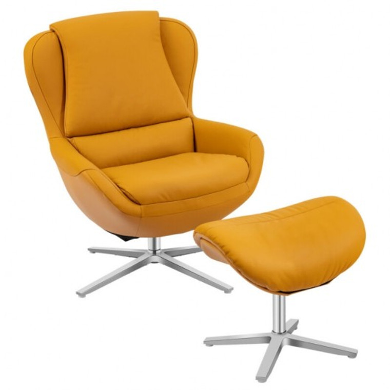 HU10046YE Swivel Top Grain Leather Lounge Armchair Rocking Chair With Ottoman-Yellow