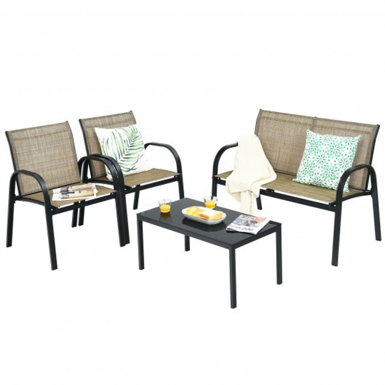 HW65848ZS 4 Pcs Patio Furniture Set With Glass Top Coffee Table-Brown