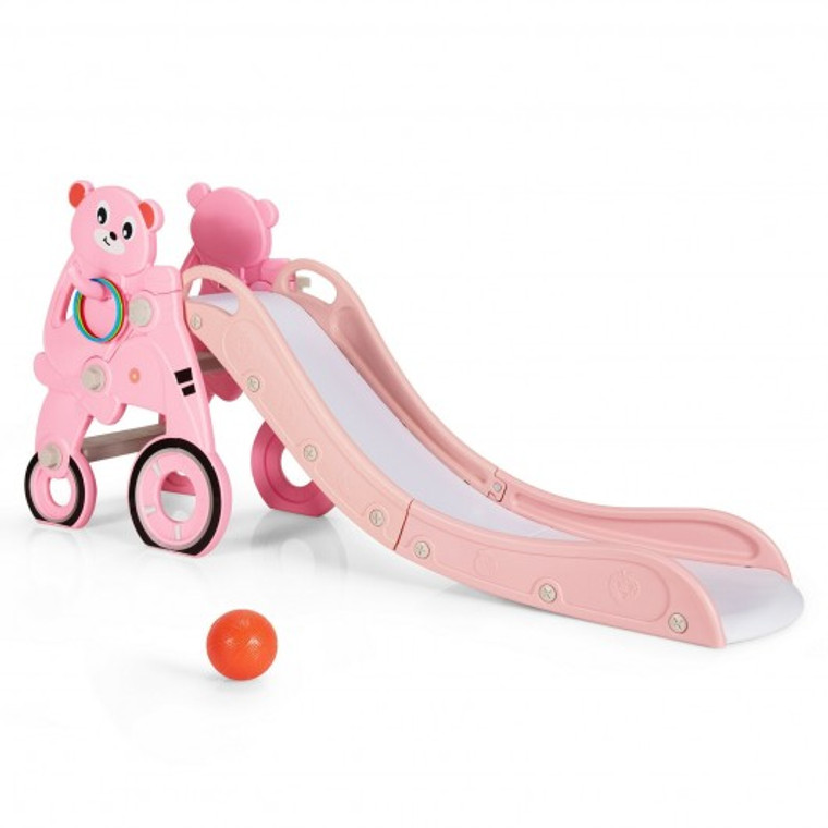 TS10006PI 4 In 1 Foldable Baby Slide Toddler Climber Slide Playset With Ball-Pink