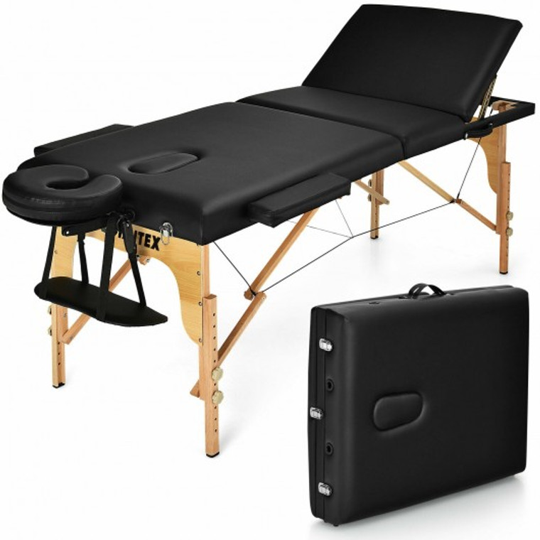 HB87018BK 3 Fold 84" L Portable Adjustable Massage Table With Carry Case-Black