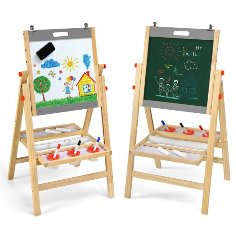 TY327950GR Kids Art Easel With Paper Roll Double Sided Chalkboard And Whiteboard-Gray