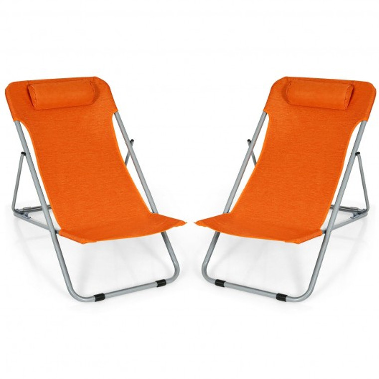 NP10014OR-2 Portable Beach Chair Set Of 2 With Headrest -Orange