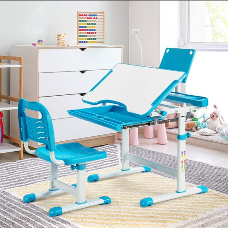 HW67622BL Height Adjustable Kids Study Table And Chair Set With Bookstand-Blue