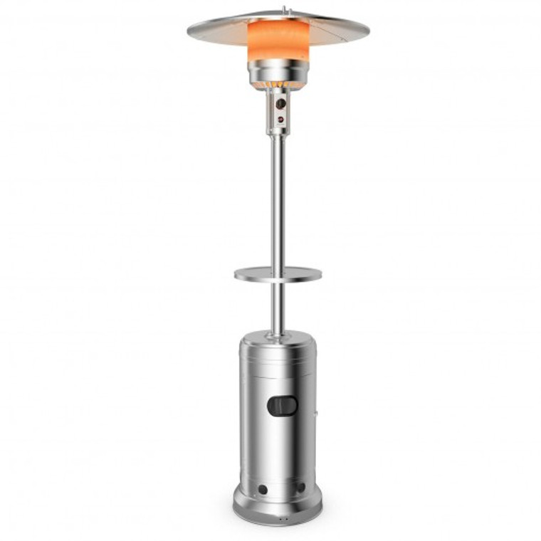 HW61848SL Outdoor Heater Propane Standing Lp Gas Steel With Table And Wheels-Silver