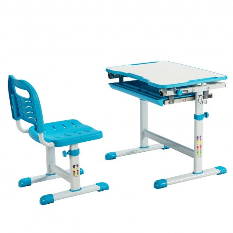HW67623BL Kids Height Adjustable Desk And Chair Set With Tilted Tabletop And Drawer-Blue