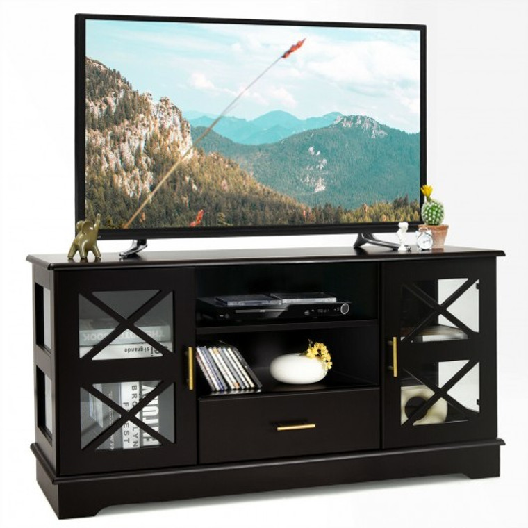 HW66971CF Glass Door Tv Stand With Drawer Storage Shelves-Brown