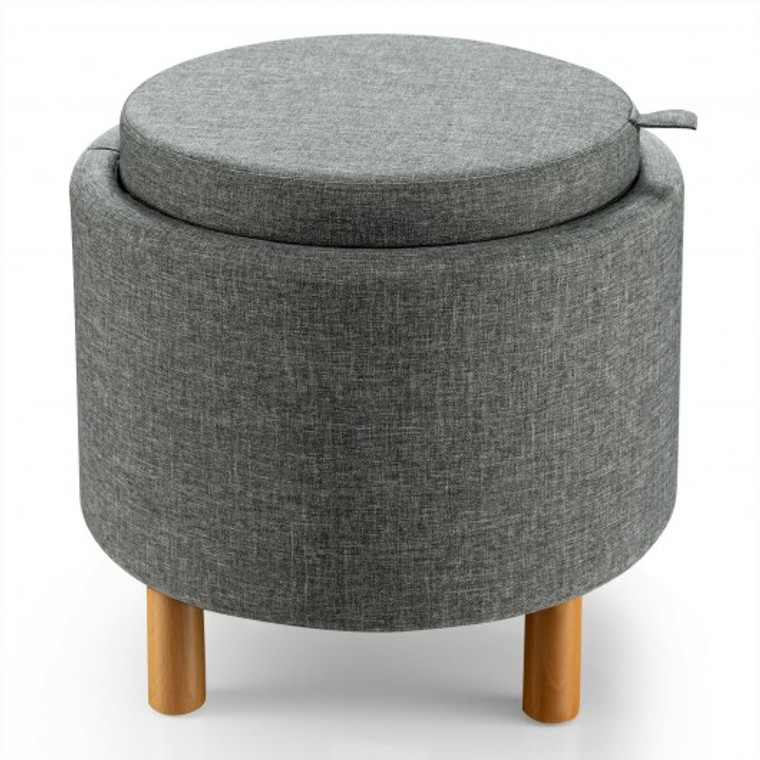 JZ10005GR Round Storage Ottoman With Tray Top Accent Padded Footrest-Gray