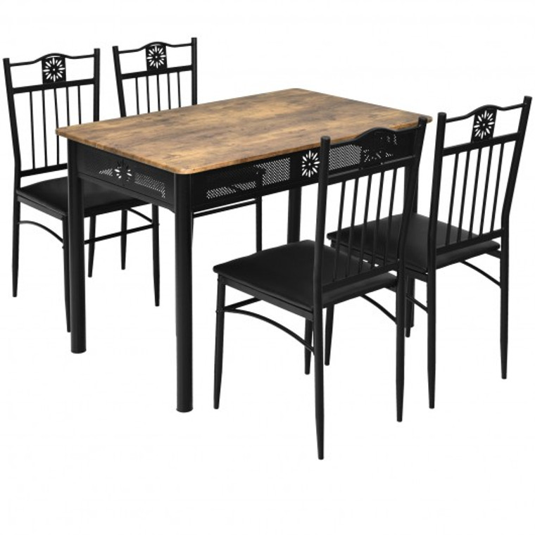 HW66276BK 5 Pcs Dining Set Wood Metal Table And 4 Chairs With Cushions-Black