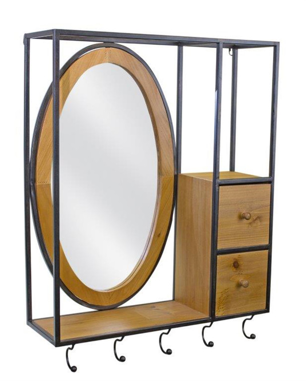 Melrose Wall Mirror With Shelf And Hooks 22.5"L X 28.75"H Iron/Wood 82649DS