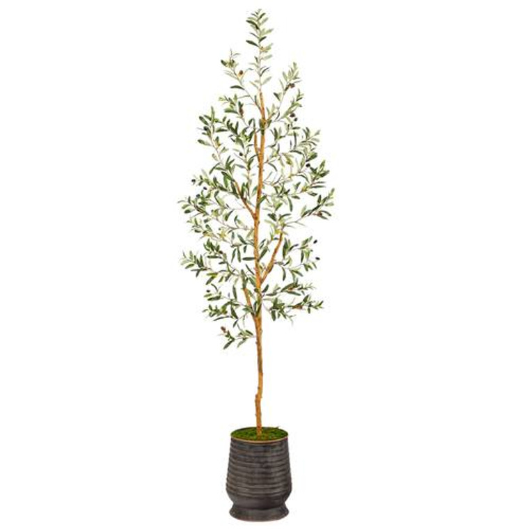 Nearly Natural 74" Olive Artificial Tree In Ribbed Metal Planter T2448