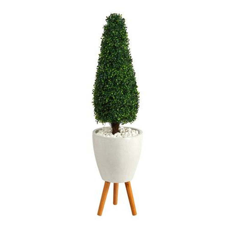 Nearly Natural 51" Boxwood Tower Artificial Topiary Tree In White Planter With Stand Uv Resistant (Indoor/Outdoor) T2523