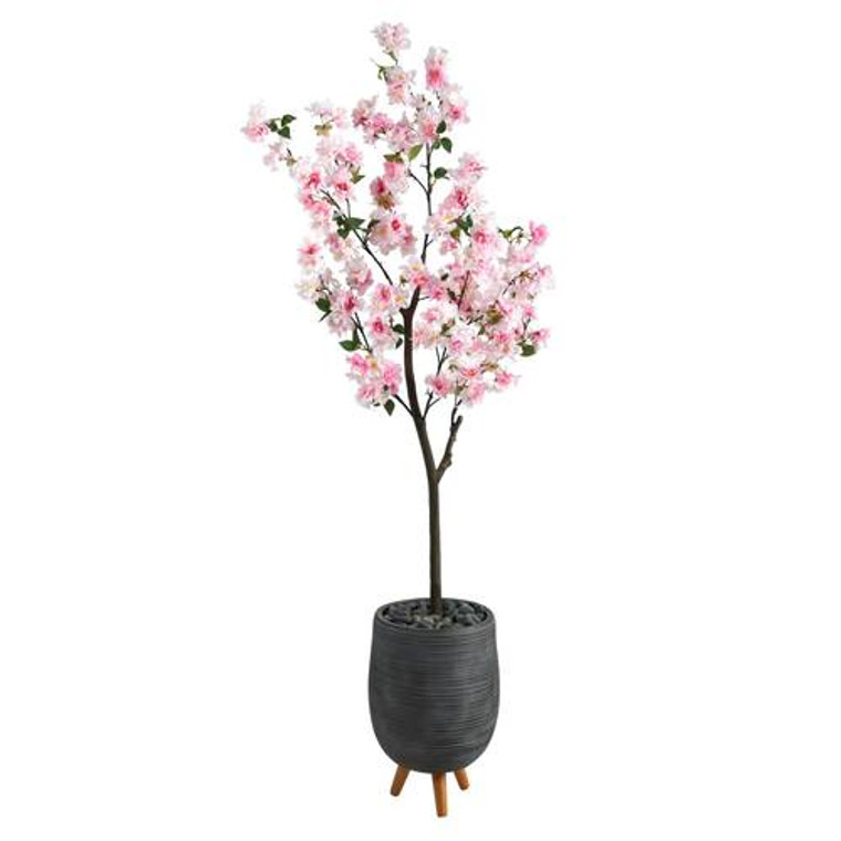 Nearly Natural 6' Cherry Blossom Artificial Tree In Gray Planter With Stand T2531