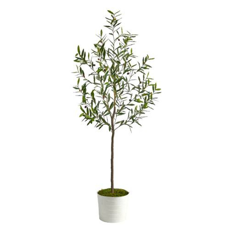 Nearly Natural 70" Olive Artificial Tree In White Tin Planter T2555