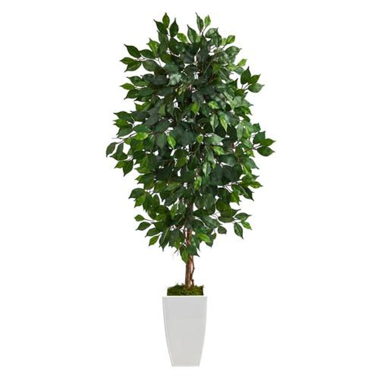 Nearly Natural 4.5' Ficus Artificial Tree In White Metal Planter T2566