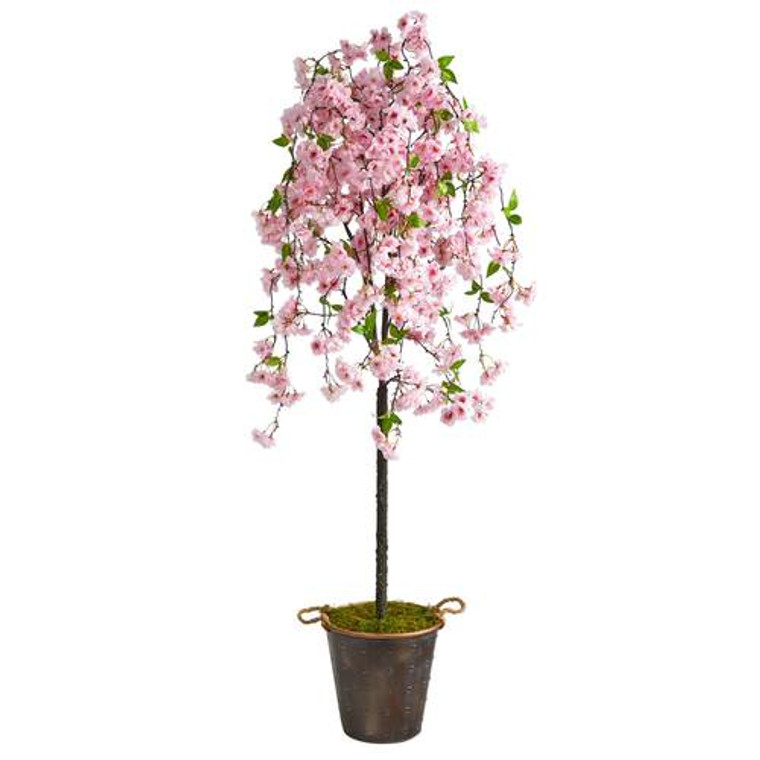 Nearly Natural 6' Cherry Blossom Artificial Tree In Decorative Metal Pail With Rope T2586