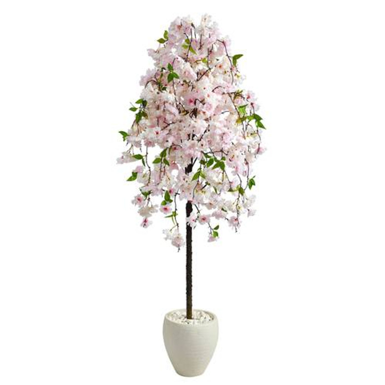 Nearly Natural 70" Cherry Blossom Artificial Tree In White Planter T2591