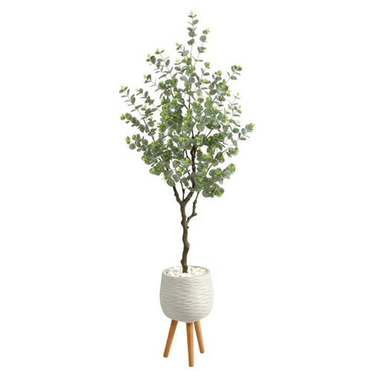 Nearly Natural 70" Eucalyptus Artificial Tree In White Planter With Stand T2594