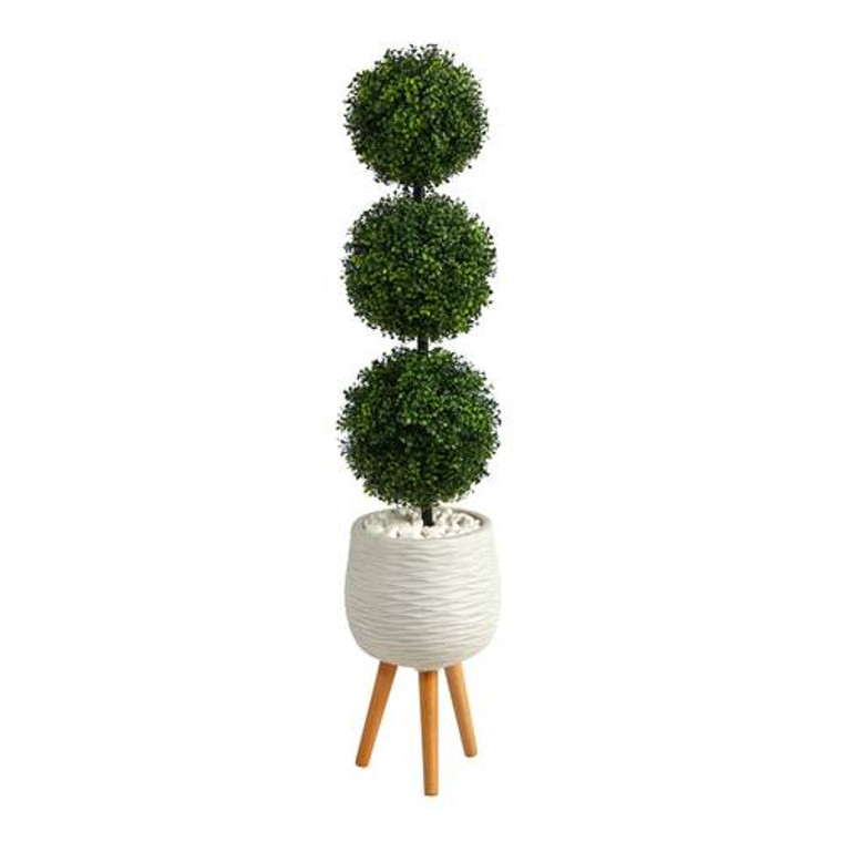 Nearly Natural 51" Boxwood Triple Ball Topiary Artificial Tree In White Planter With Stand (Indoor/Outdoor T2612