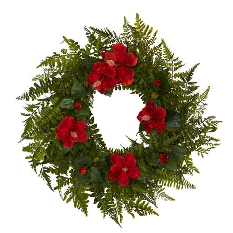 Nearly Natural 24" Mixed Fern And Hibiscus Artificial Wreath W1004