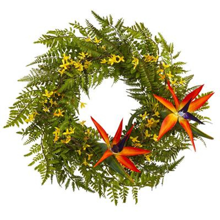 Nearly Natural 24" Mixed Fern, Forsythia And Bird Of Paradise Artificial Wreath W1015