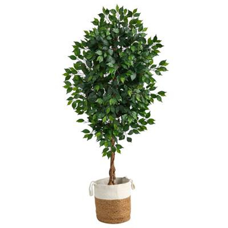 Nearly Natural 6' Ficus Artificial Tree With Natural Trunk In Handmade Natural Jute And Cotton Planter T2892