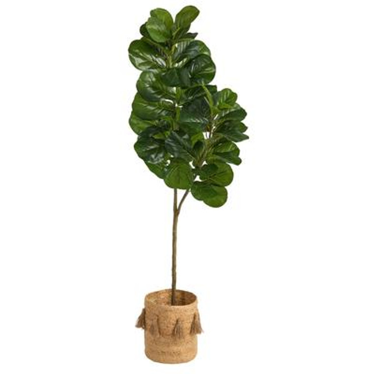 Nearly Natural 5.5' Fiddle Leaf Fig Artificial Tree In Handmade Natural Jute Planter With Tassels T2910
