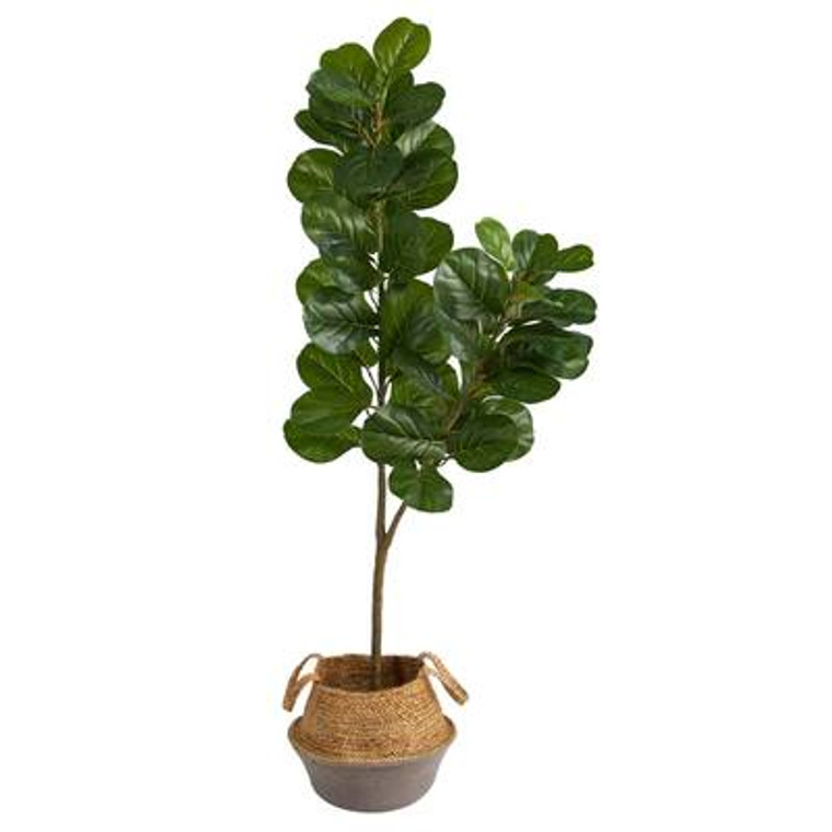 Nearly Natural 4.5' Fiddle Leaf Fig Artificial Tree With Boho Chic Handmade Cotton And Jute White Woven Planter T2912