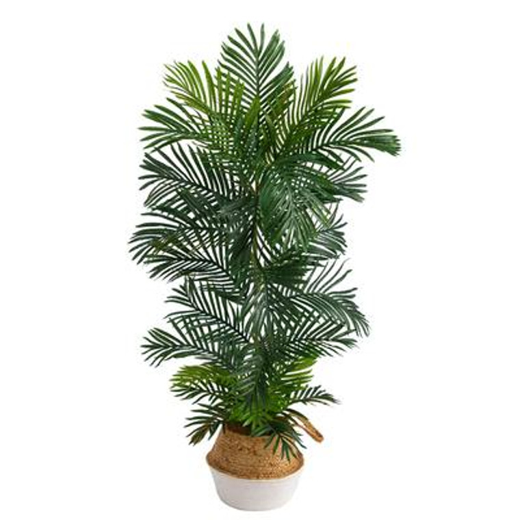 Nearly Natural 5' Areca Artificial Palm Tree In Boho Chic Handmade Cotton & Jute White Woven Planter Uv Resistant (Indoor/Outdoor) T2927