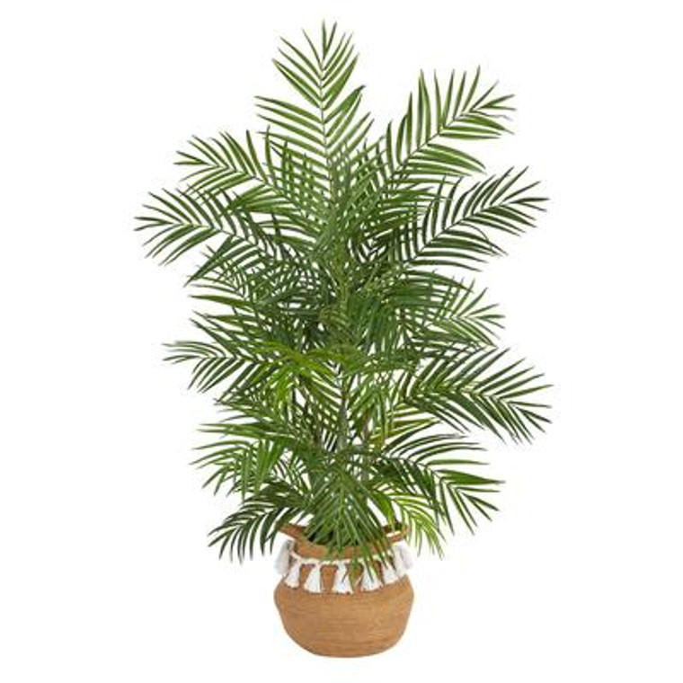 Nearly Natural 4' Areca Artificial Palm In Boho Chic Handmade Natural Cotton Woven Planter With Tassels T2930