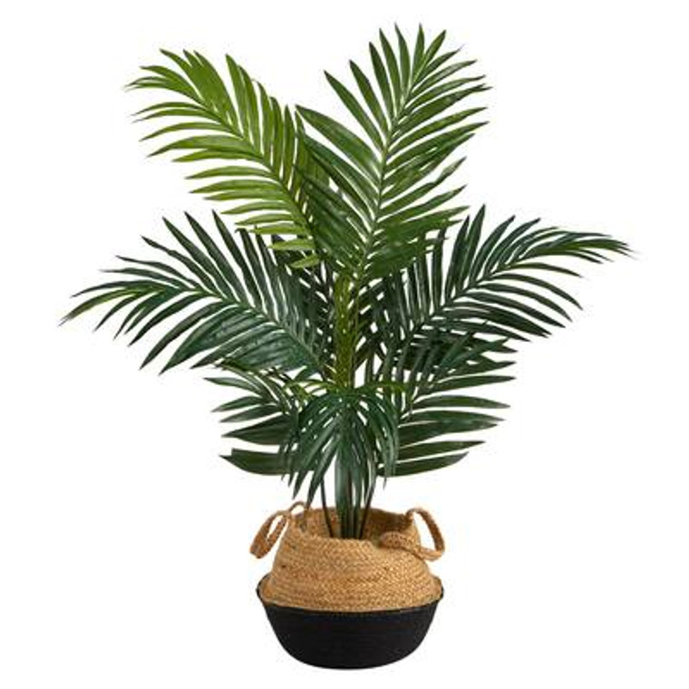 Nearly Natural 4' Kentia Palm Artificial Tree In Boho Chic Handmade Cotton & Jute Black Woven Planter T2936