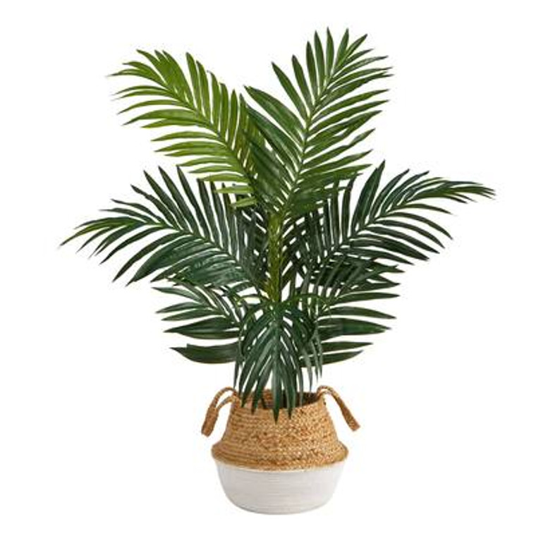 Nearly Natural 4' Kentia Palm Artificial Tree In Boho Chic Handmade Cotton & Jute White Woven Planter T2938
