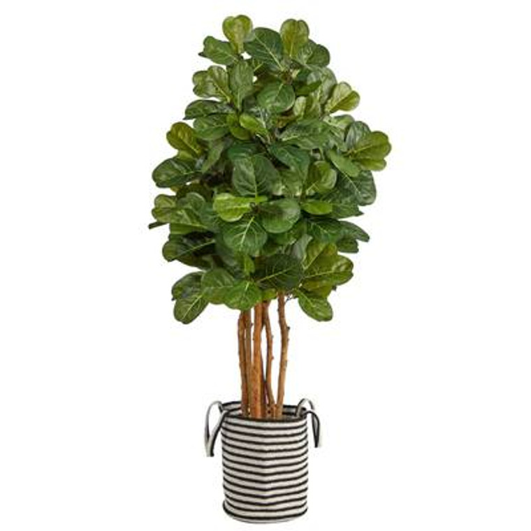 Nearly Natural 5' Fiddle Leaf Fig Artificial Tree In Handmade Black And White Natural Jute And Cotton Planter T2952