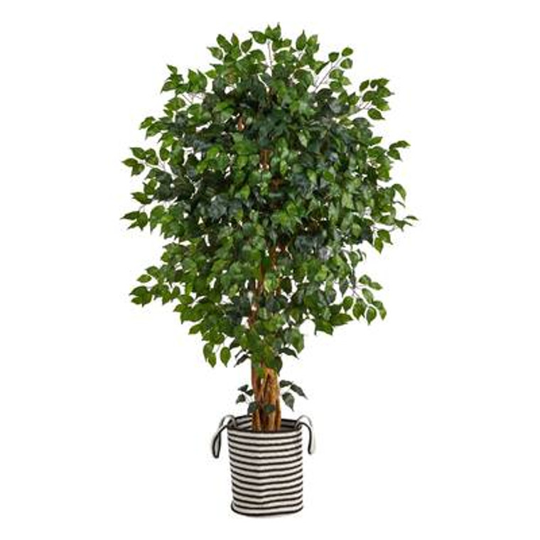 Nearly Natural 5.5' Palace Ficus Artificial Tree In Handmade Black And White Natural Jute And Cotton Planter T2956