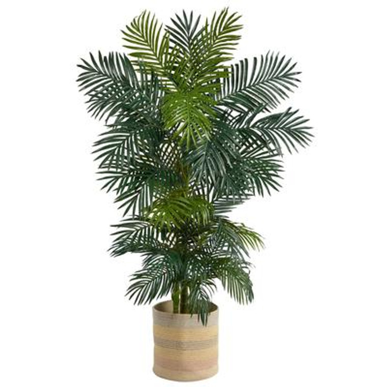Nearly Natural 6.5' Golden Cane Artificial Palm Tree In Handmade Natural Cotton Multicolored Woven Planter T2965